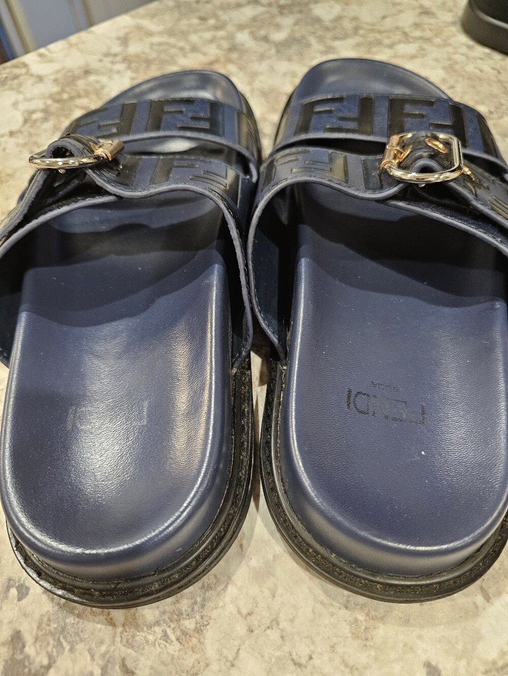 Fendi Navy and Black FF Logo Slide Sandals with Gold/Silver Buckles - Picture 5 of 9